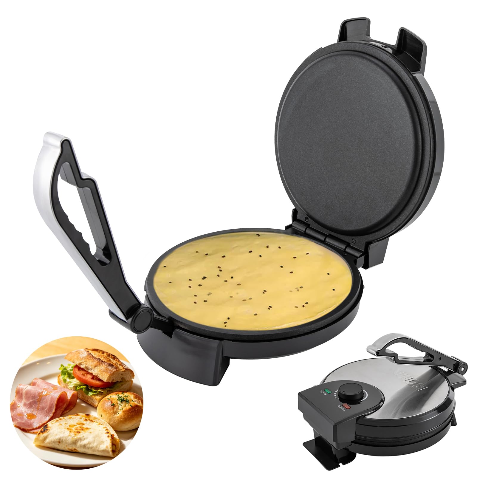 Roti-Maker 1200W 26cm Tortilla Presse mit Temperaturregelung 200-260°C Doppelseitige Heizung Antihaftbeschichtung