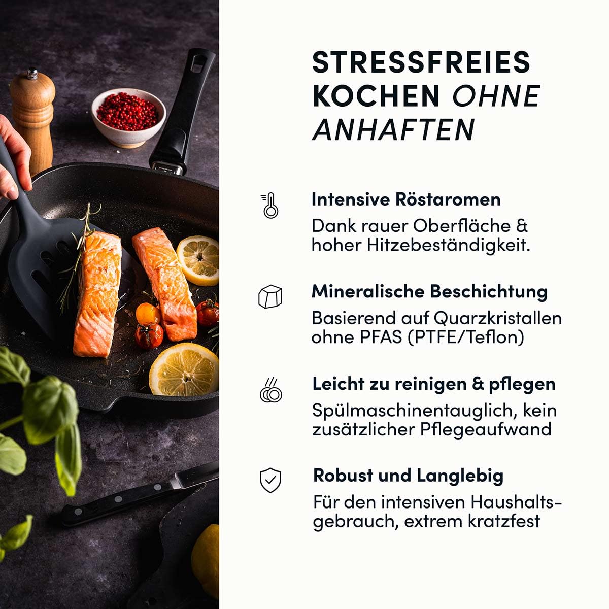 Hoffmann STONIQ Viereckpfanne 28 x 28 cm PFAS-frei | Induktionspfanne Aluminium Handguss Made in Germany | Antihaftbeschichtung mineralisch | abnehmbarer Stiel | backofengeeignet (Mit Glasdeckel)
