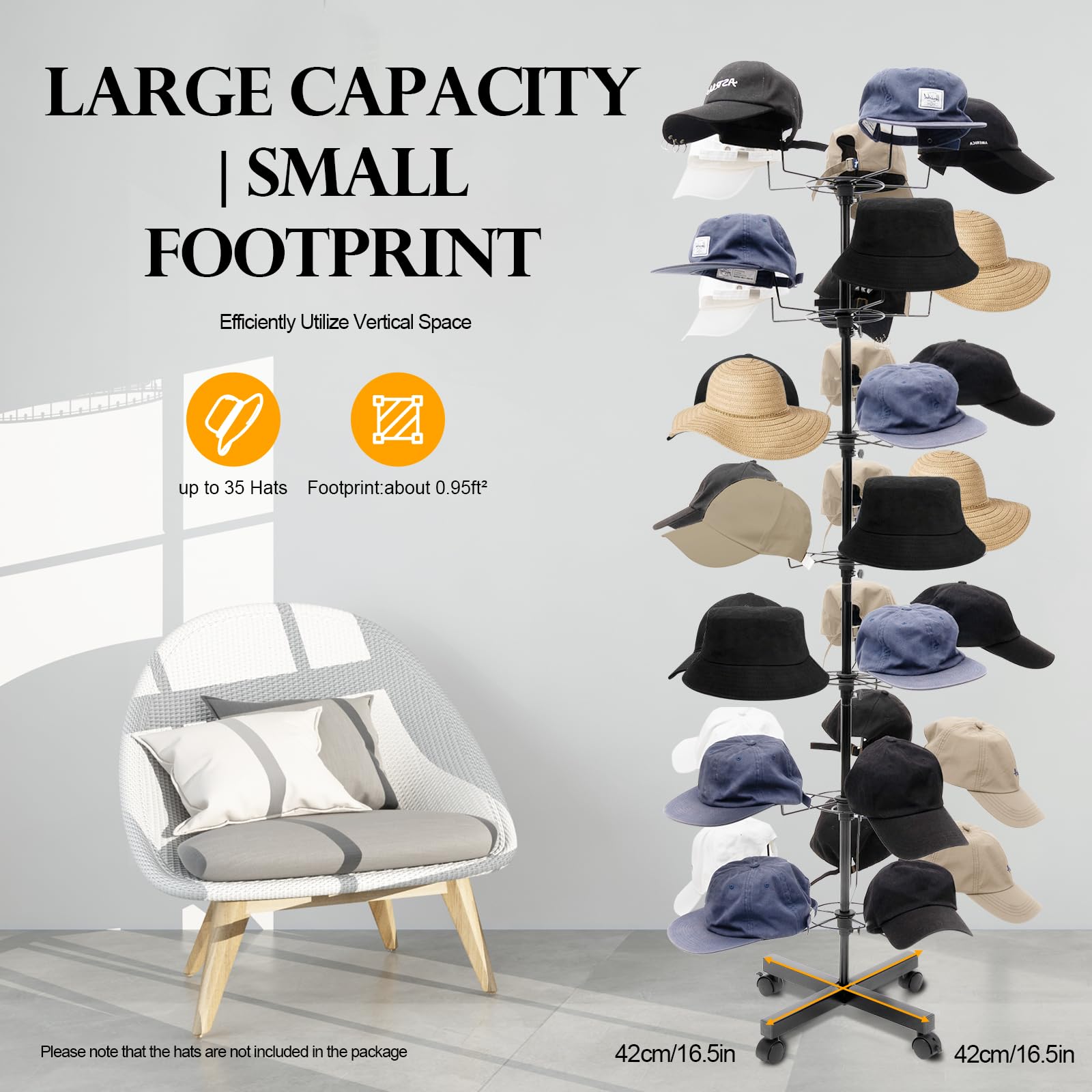 Supporto per cappelli in metallo, grande appendiabiti commerciale, per cappelli, stand indipendente, girevole per guardaroba, negozio, ufficio (57 x 170 cm)