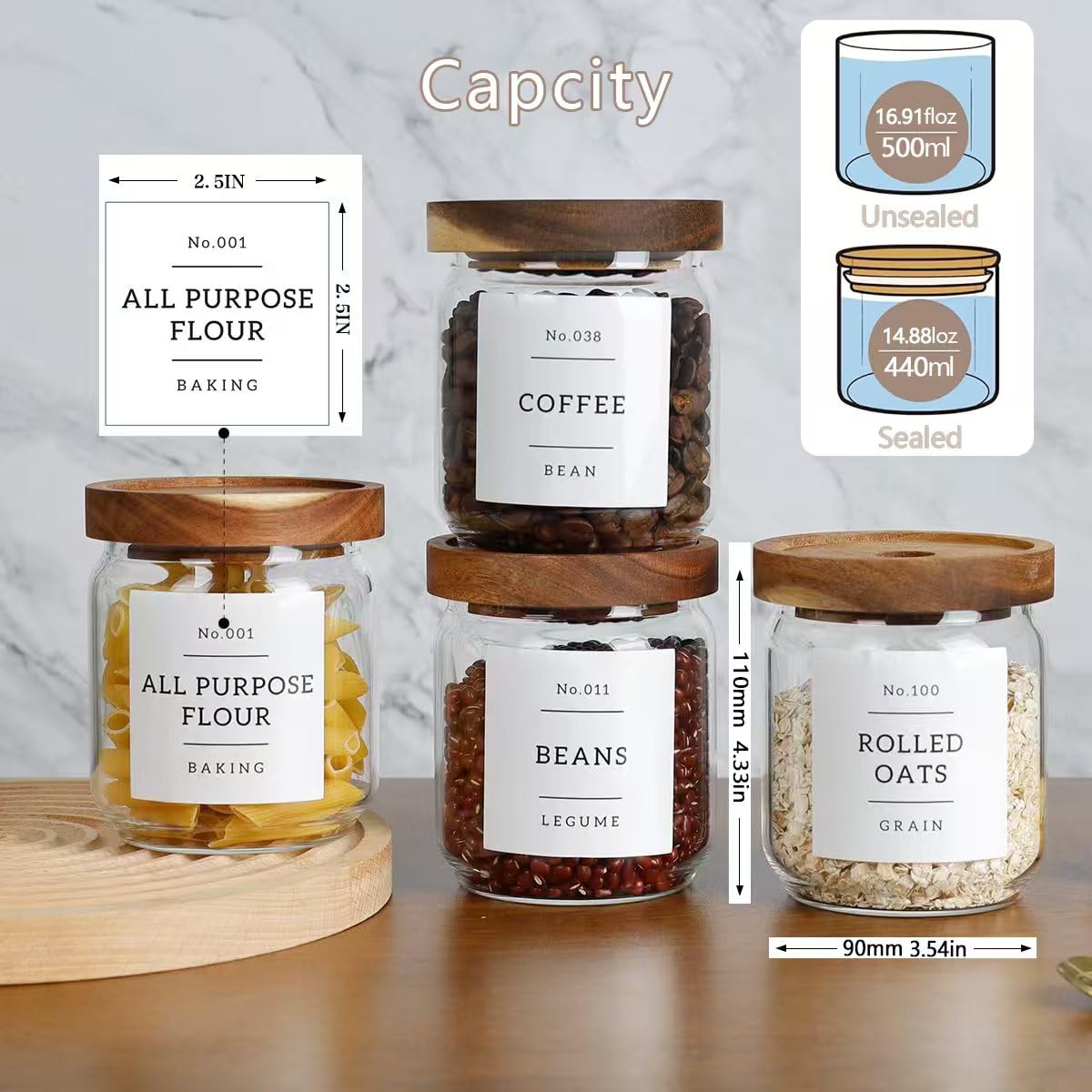 Tarros apilables de vidrio de 16 onzas con 132 etiquetas de despensa preimpresas, 6 recipientes de almacenamiento de vidrio grueso con tapa hermética de acacia, recipiente de cocina transparente para