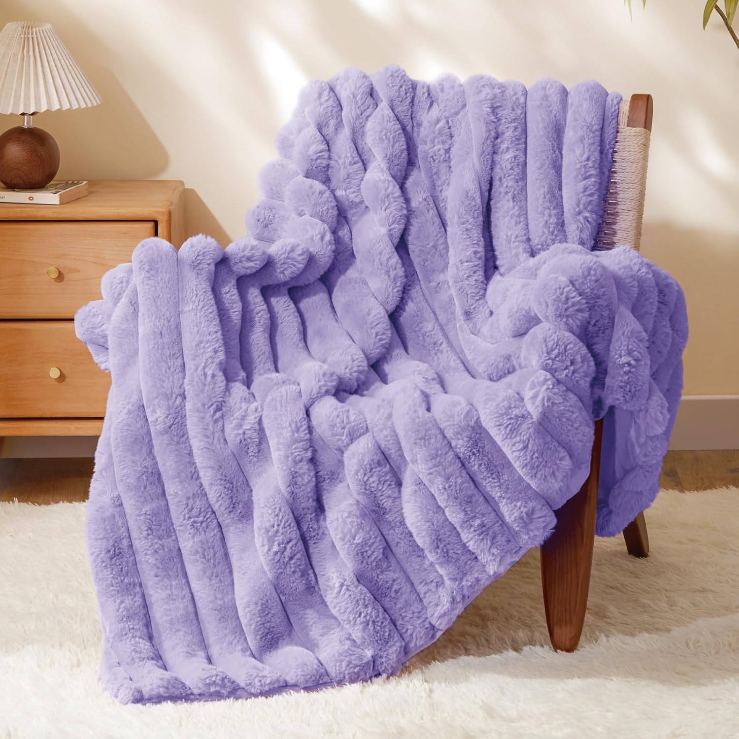 BEDELITE Faux Fur Throw Blanket for Couch, Soft and Cozy Luxurious 3D Striped Fluffy Blanket, 770GSM Thick Warm Plush Fuzzy Faux Rabbit Fur Blanket for Women Gift (Lavender, 60"x 80")