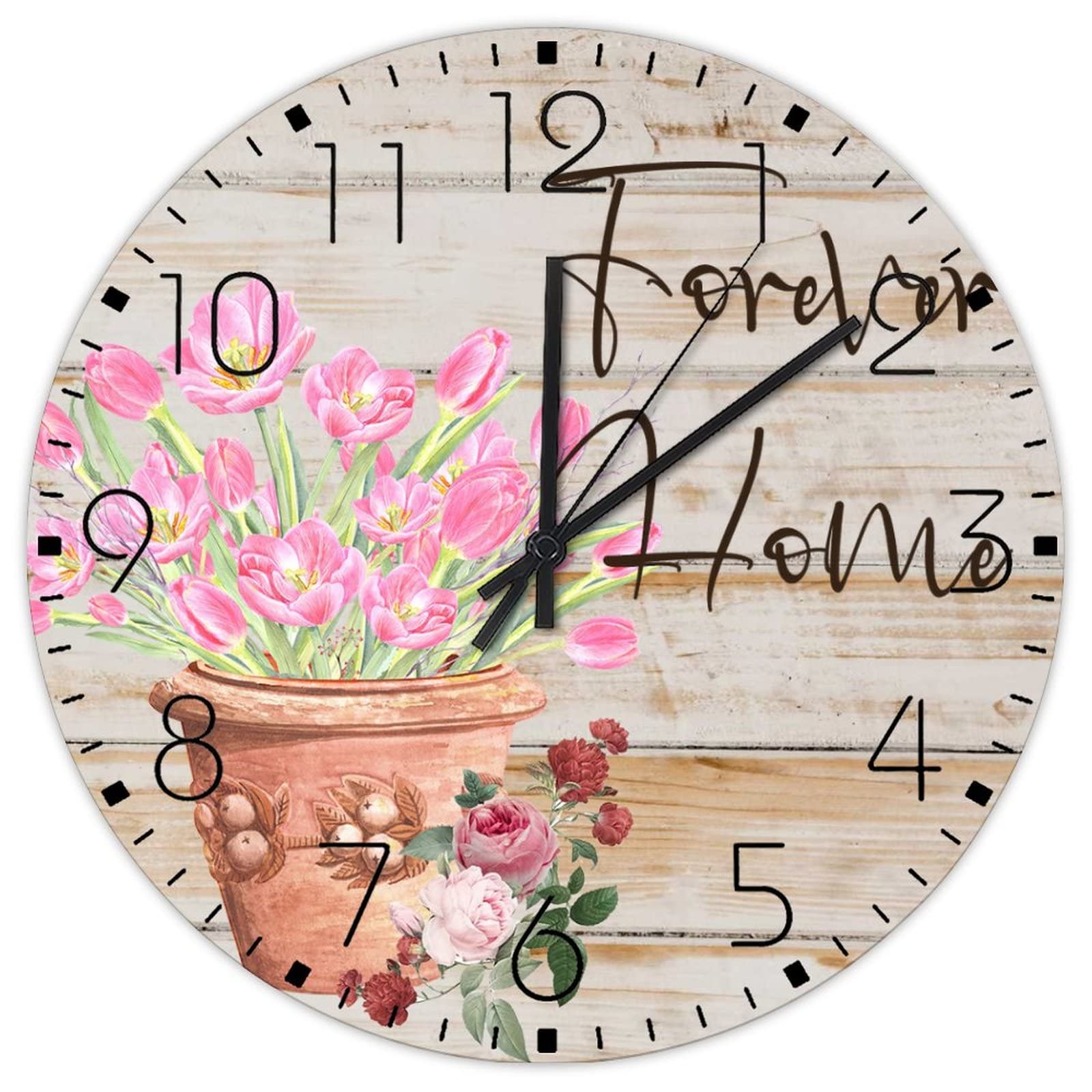 Horloge murale silencieuse à piles décoration florale aquarelle pour maison et salon