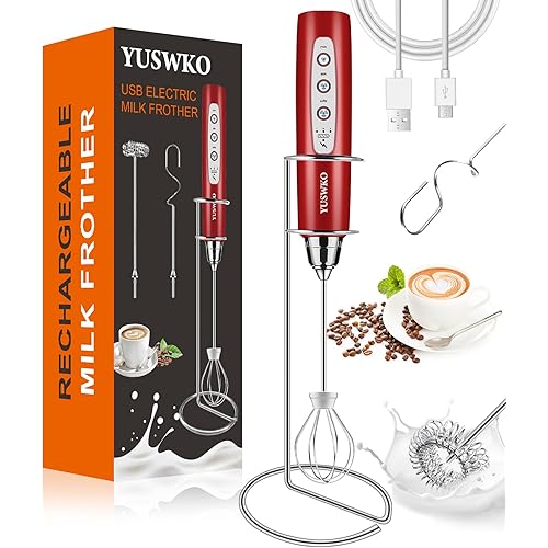 YUSWKO Rechargeable Milk Frother for Coffee with Stand, Handheld Drink Mixer with 3 Heads 3 Speeds Electric Stirrers for Latte, Cappuccino, Hot Chocolate, Egg - Red