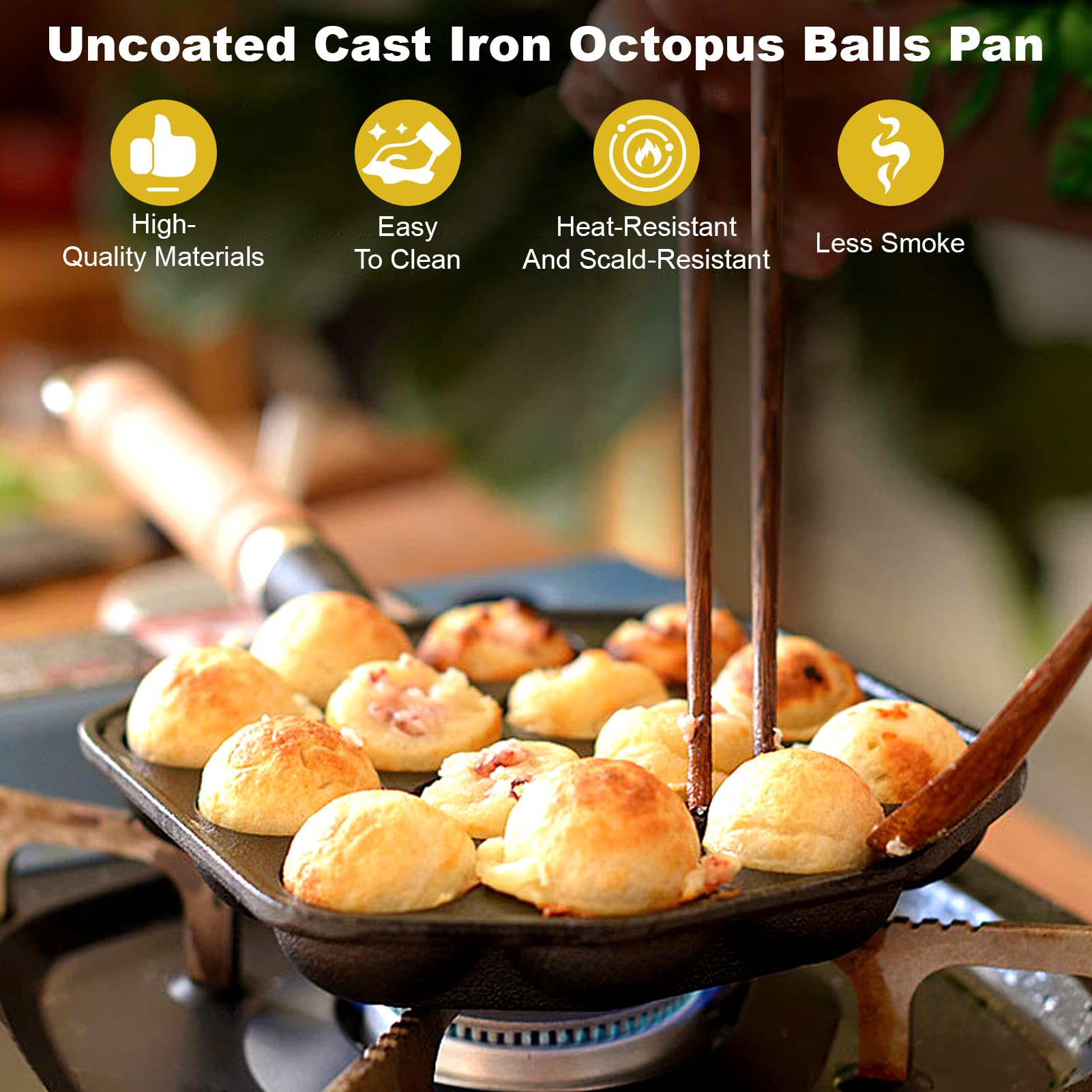 Padella Antiaderente Aebleskivers Takoyaki 14 Fori Ghisa Manico Staccabile