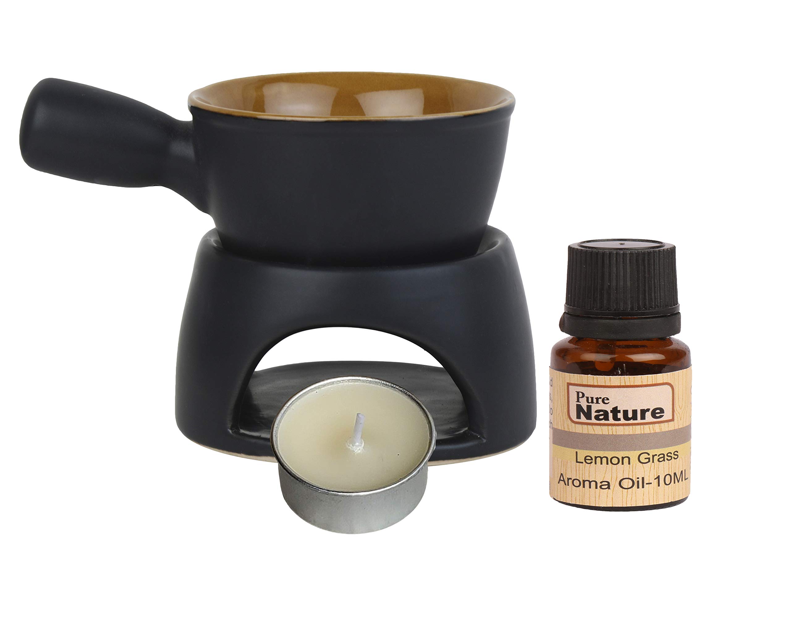 Pure Source India Ceramic Fondue Aroma Set With Lemon Grass 10 Ml, Black