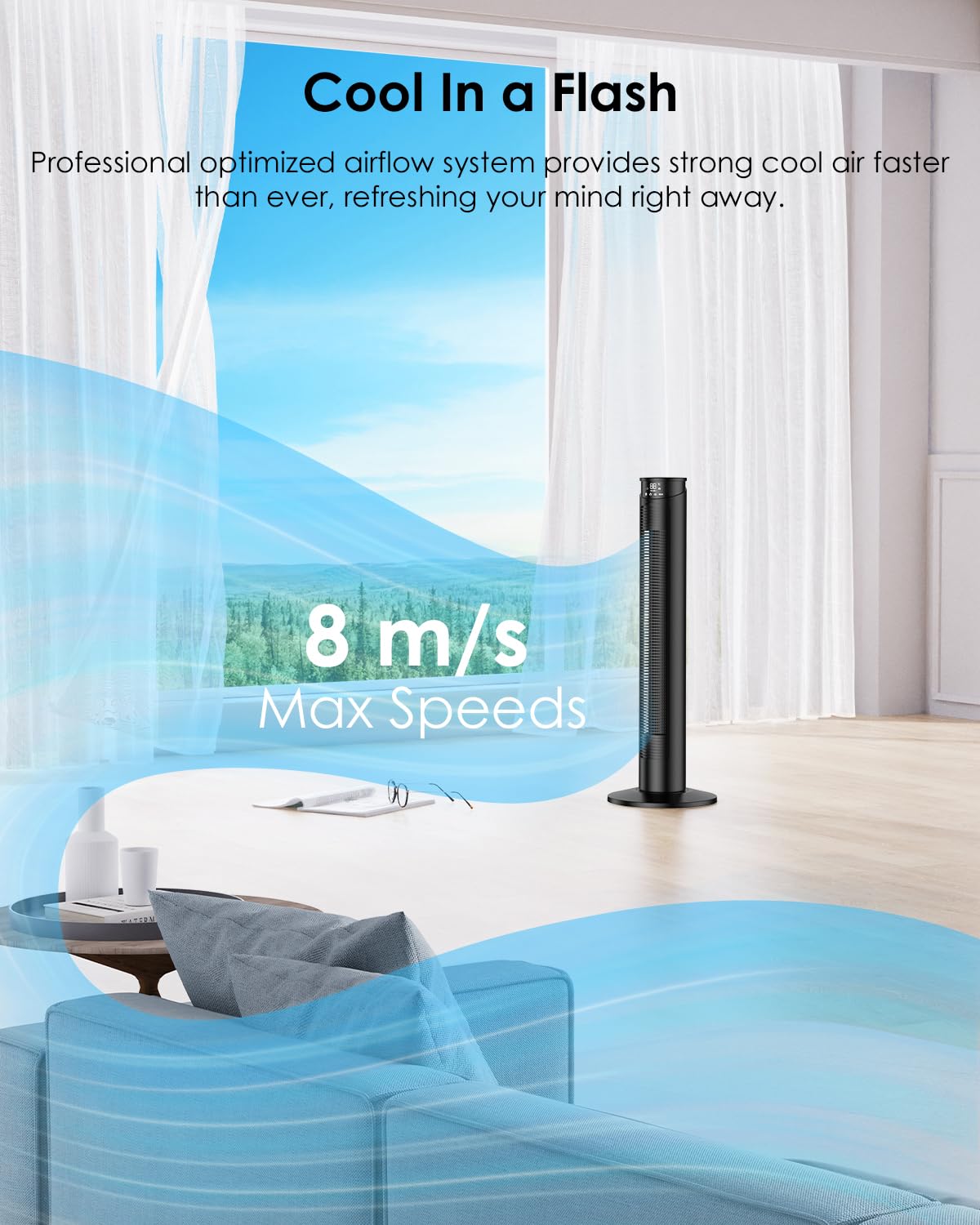 Ventilatore a Torre con Telecomando - Ventilatore a Colonna 8 m/s, Timer 1-12 Ore, 6 Velocità e 5 Modalità (Temperatura Costante ECO), Oscillazione 70° Silenziosa, Basso Consumo Energetico 45 W