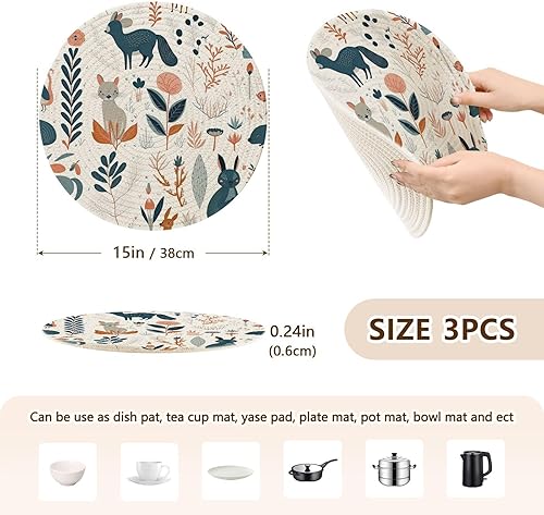 Miniatura 2 de 3 Pcs Pot Holder Trivet Mats Fox Rabbit Cat and Plants Flowers for Hot Pots and Pans 15in Cotton Thread Weave Large Coasters Cotton Mat for Instant