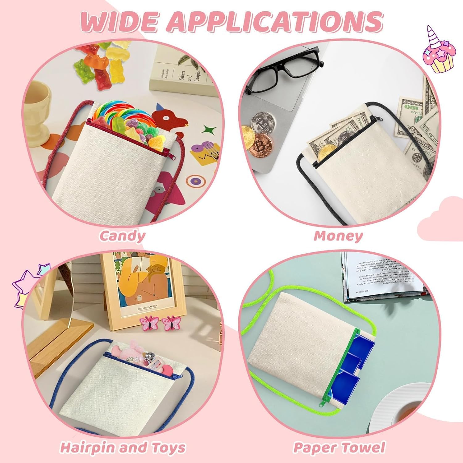 12 Sacs à Bandoulière, 17 x 13 cm Sac en Tissu Bricolage avec 4 Pochoirs, 12 et 6 Stylos de Couleur pour Bricolage, Anniversaire, Fête, École, Cadeau, Beige