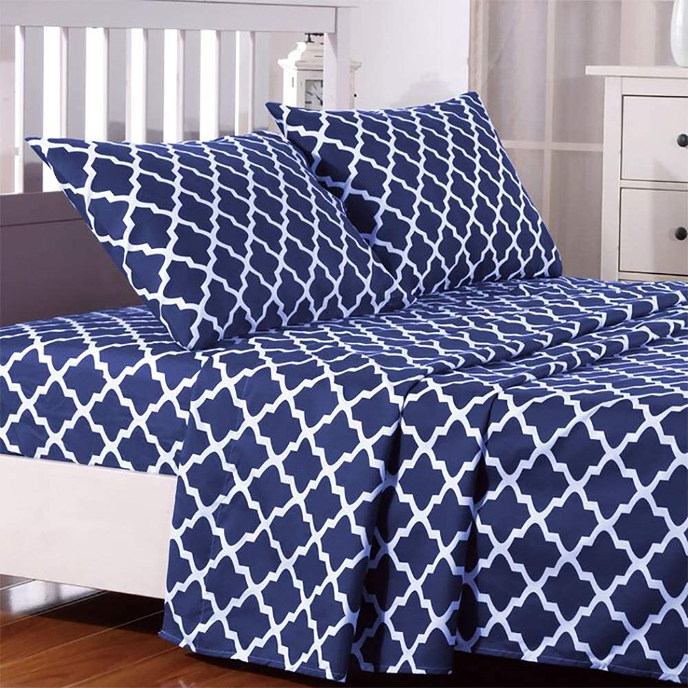 Lux Decor Collection Bed Sheets - 4 Pc Full Size Bed Sheets - 1800 Thread Count Brushed Microfiber Sheets - 16 Inches Deep Pocket Bedding Sheets & Pillowcases (Full, Quatrefoil Navy Blue)