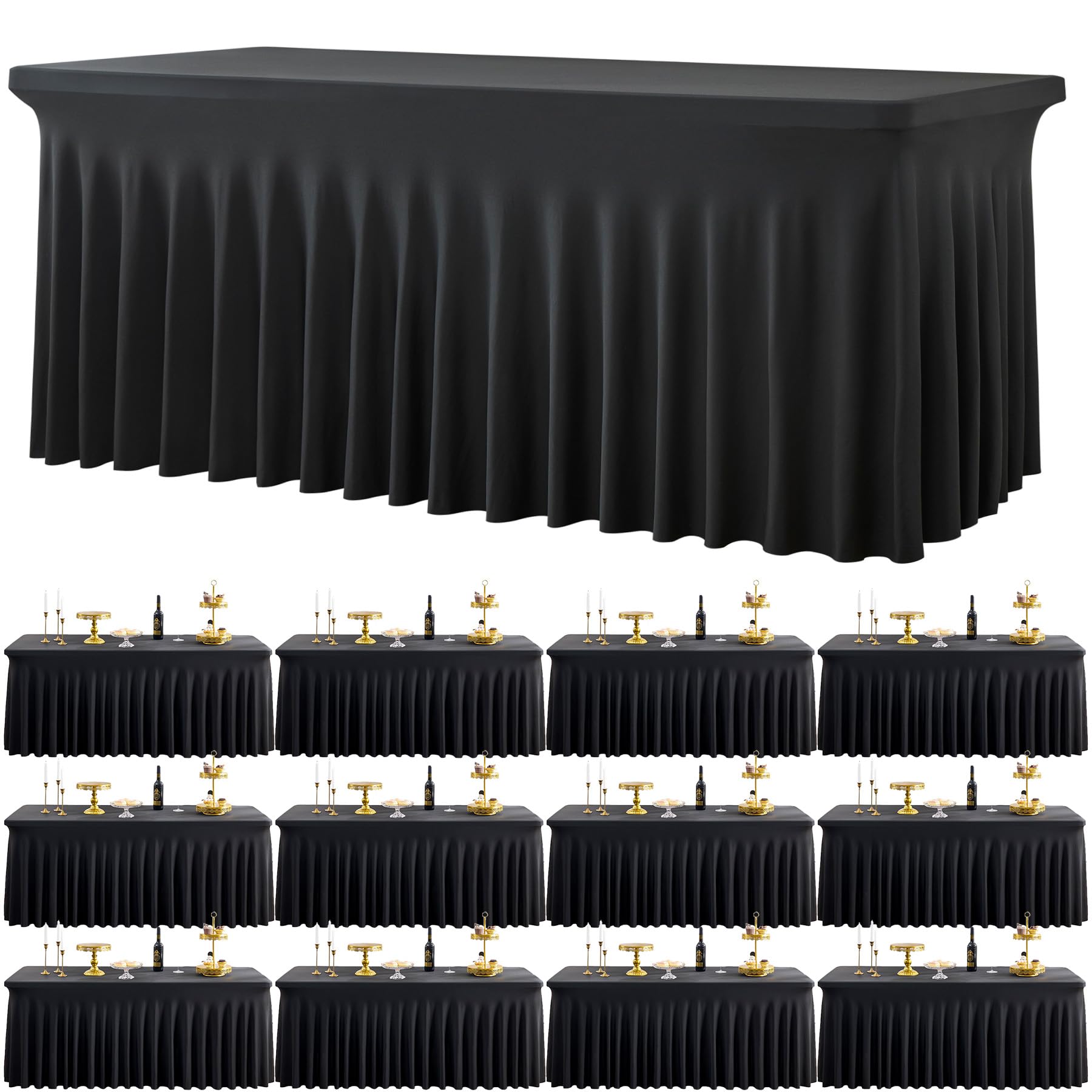 Photo 1 of 12 Pack Black Spandex Tablecloth for 6 Foot Rectangle Tables, Wrinkle Free Fitted Table Cloth Cover 6ft Black Stretchy Tablecloths with Skirt for Parties Weddings Birthday Banquet Baby Shower