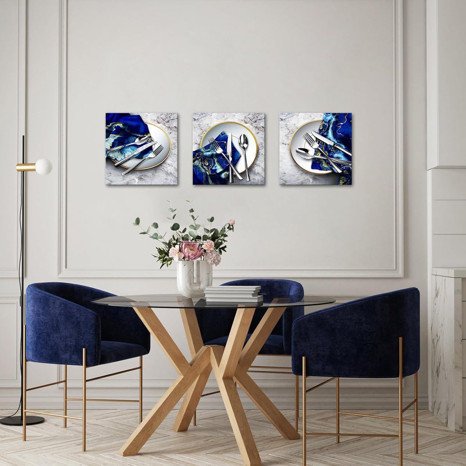 WELMECO Dining Room Wall Art Modern Kitchen Decor Pictures Blue Marble Prints Dining Room Wall Decor Framed Artwork 12"x12"x3 Pieces (Blue)