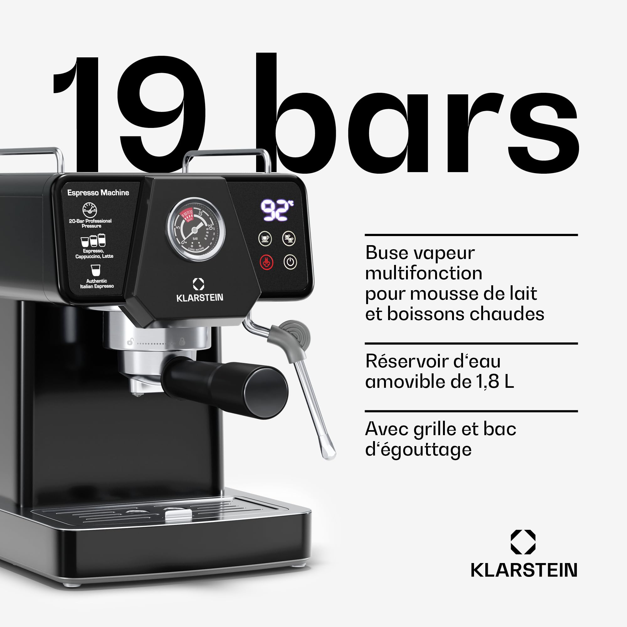 Klarstein Libeica machine à café en grains – 19 bars, 1350 W, acier inoxydable, buse vapeur, réservoir 1,8 L, panneau tactile, pour expresso & café en poudre, design élégant