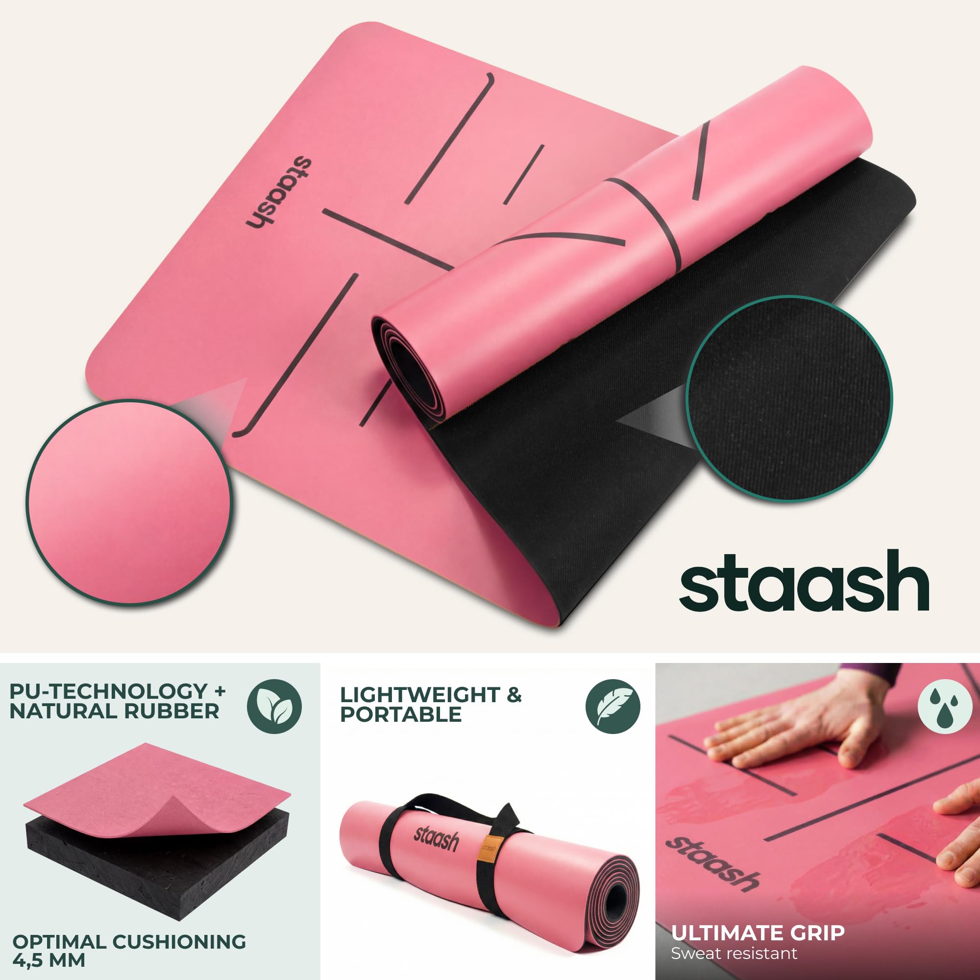 STAASH Yogamatte Set 4-teilig – rutschfest, Naturkautschuk 4,5 mm