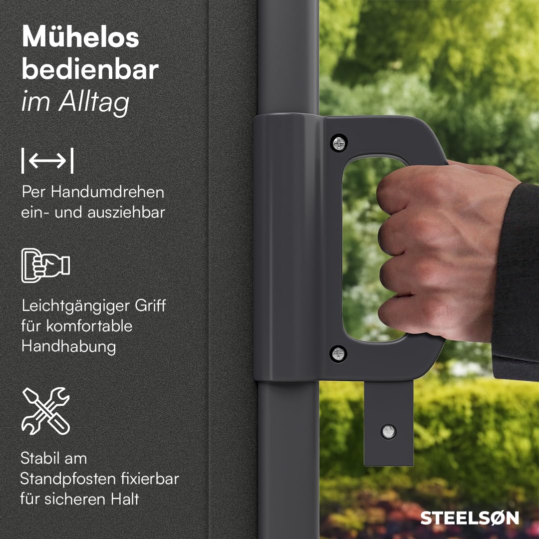 STEELSØN Zirella Seitenmarkise 200x485cm – Windschutz ausziehbar in Anthrazit – Markise wetterfest – Sichtschutz – Seitenrollo mit Wandhalterung – Sonnenschutz Blickdicht – Wandmarkise aus Aluminium