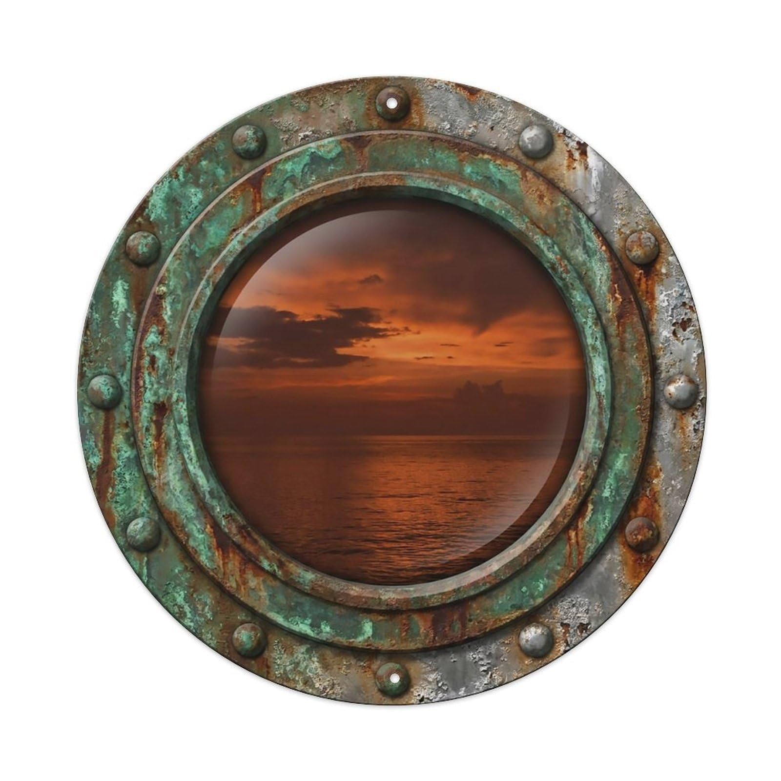 Vintage Porthole Rust Sunset Nautical Window View Metal Tin Sign
