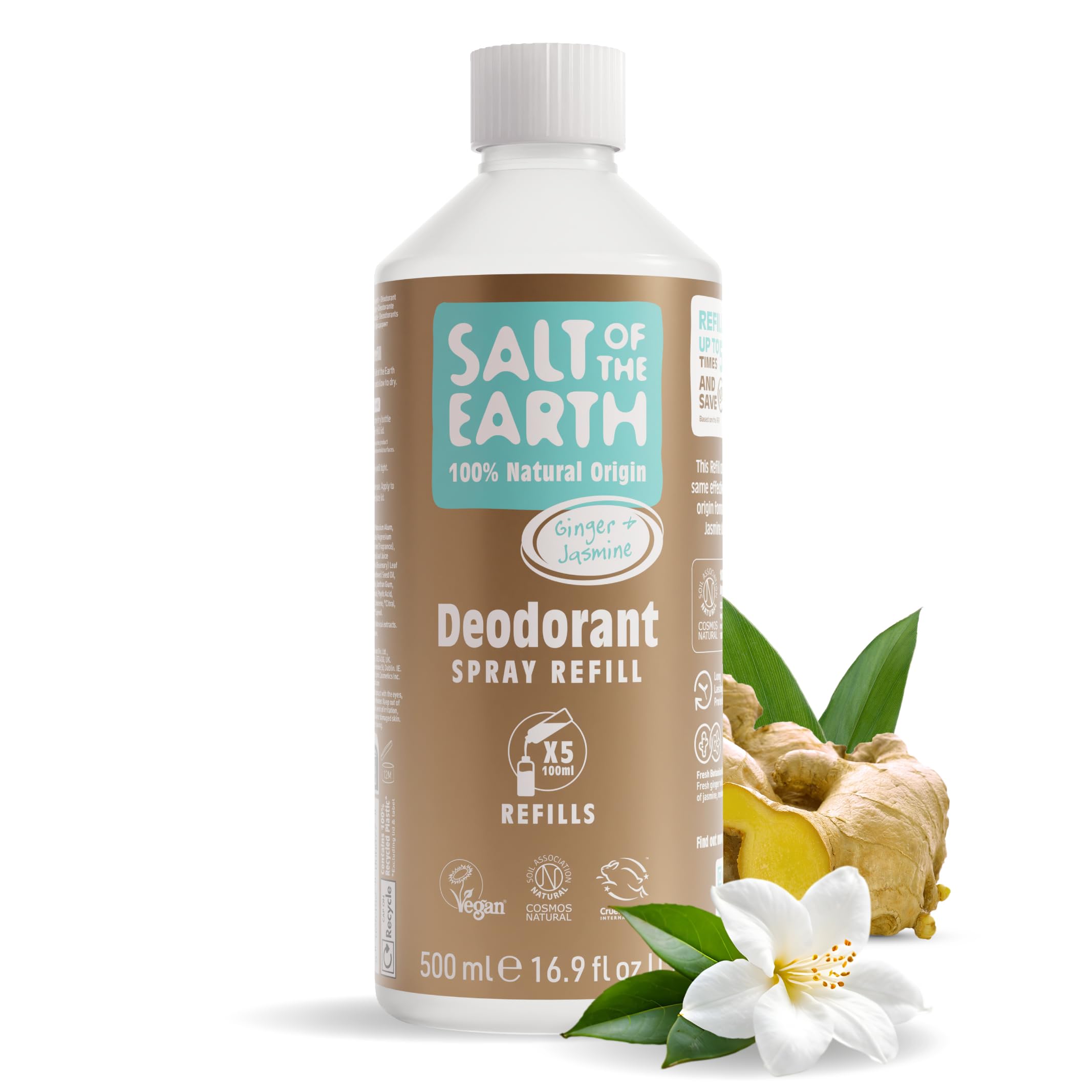 Salt of the Earth - Natural Deodorant Spray Refill - Certified Natural, Vegan, Long Lasting Protection, Leaping Bunny Approved, Made in the UK - 500ml (Ginger & Jasmine, 500ml)
