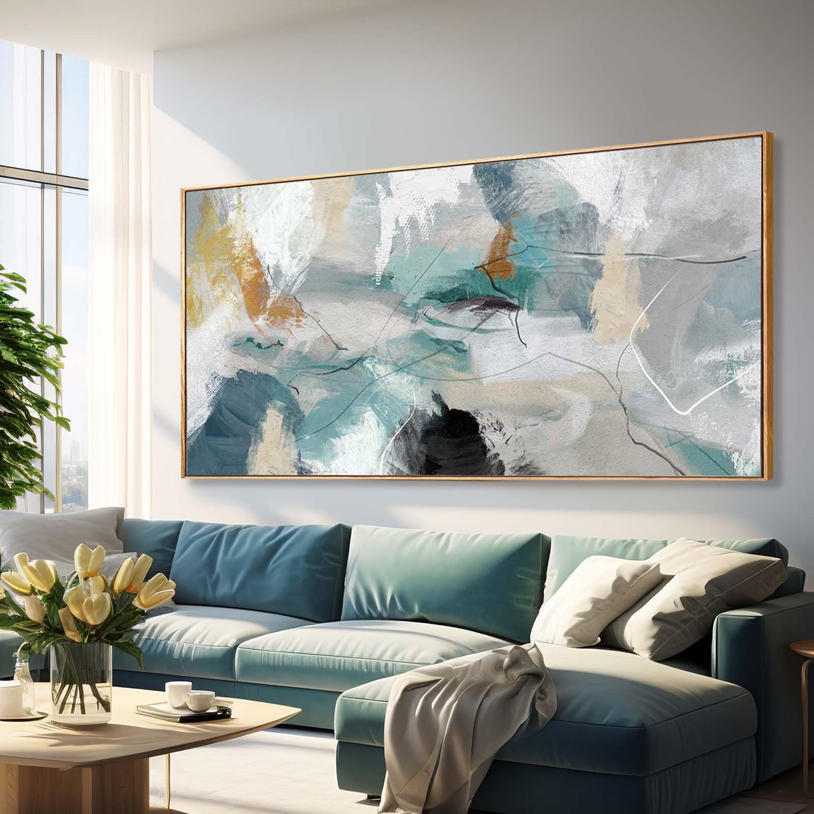 Photo 1 of Kureful Green and White Canvas Wall Art Contemporary Wall Decor Abstract Poster Printing 36"x70" Office Art Pictures Bedroom Decorations