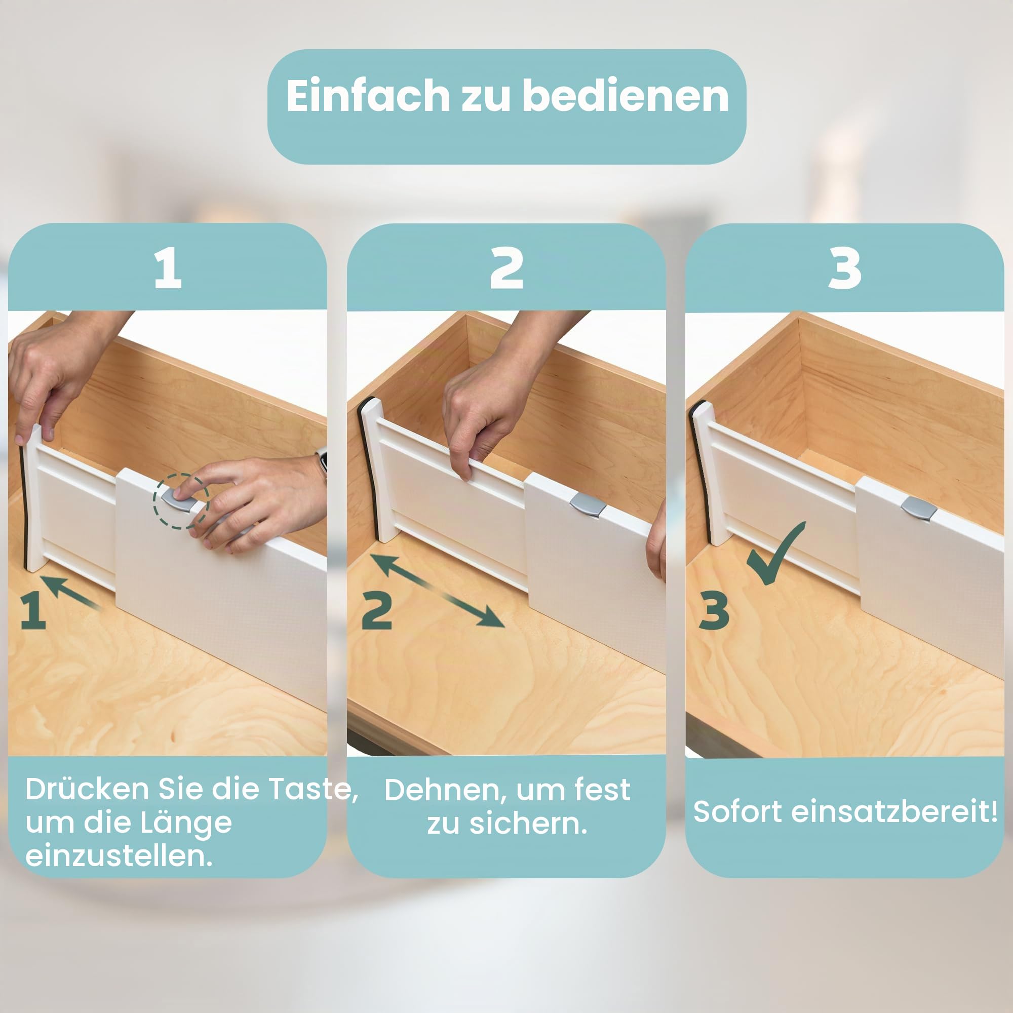 RAPTUROUS Verstellbare Schubladenteiler, 20,3 cm hoch, erweiterbar 33,9–55,9 cm, 4 Stück, rutschfest, für tiefe Schubladen in Küche, Schlafzimmer und Schrank (weiß)
