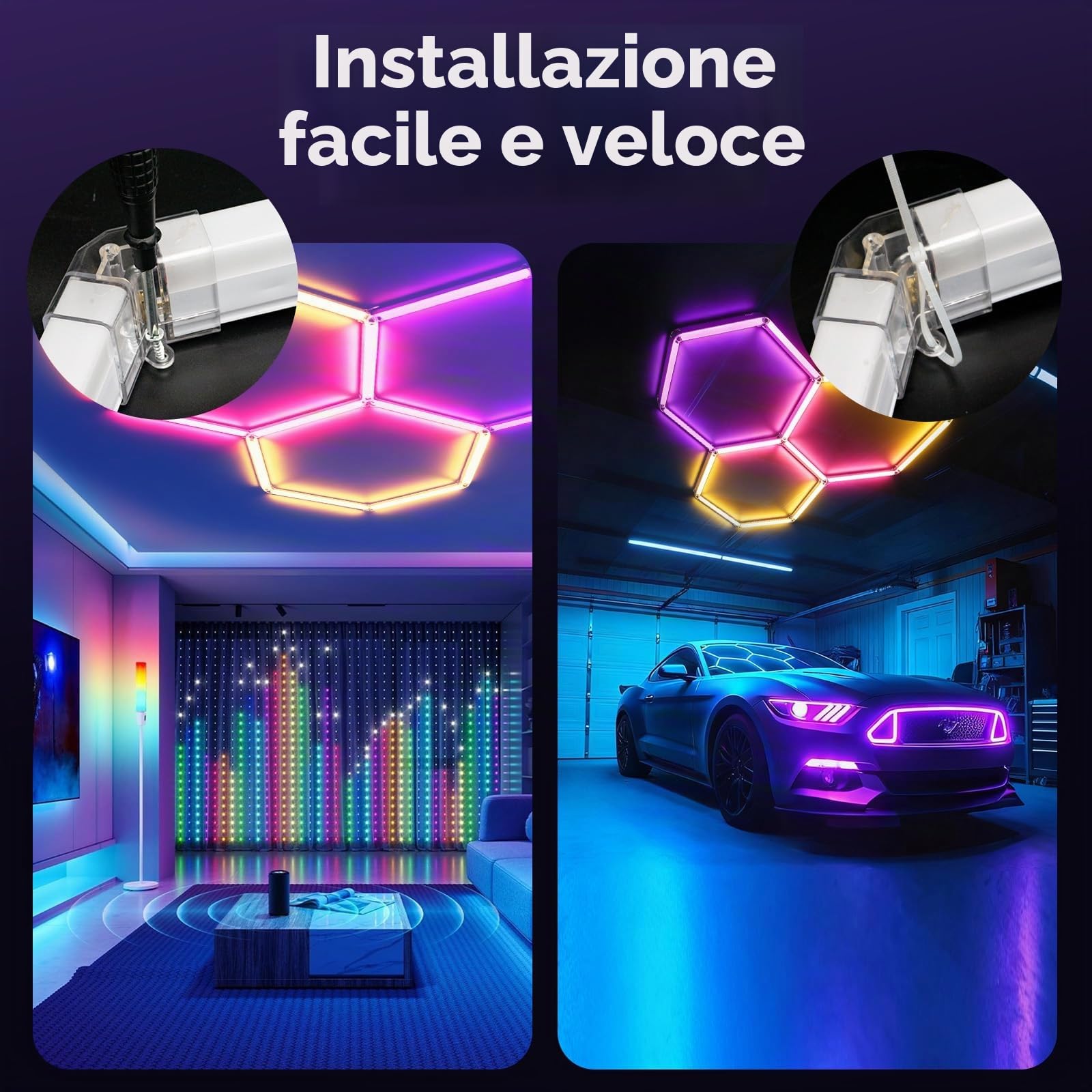 Illuminazione esagonale a LED RGB 3 Hex 144W luci soffitto esagonali | dimmerabili collegabili Luci esagonali RGB con telecomando/app per per sale palestra, bar, sala giochi, garage, seminterrato