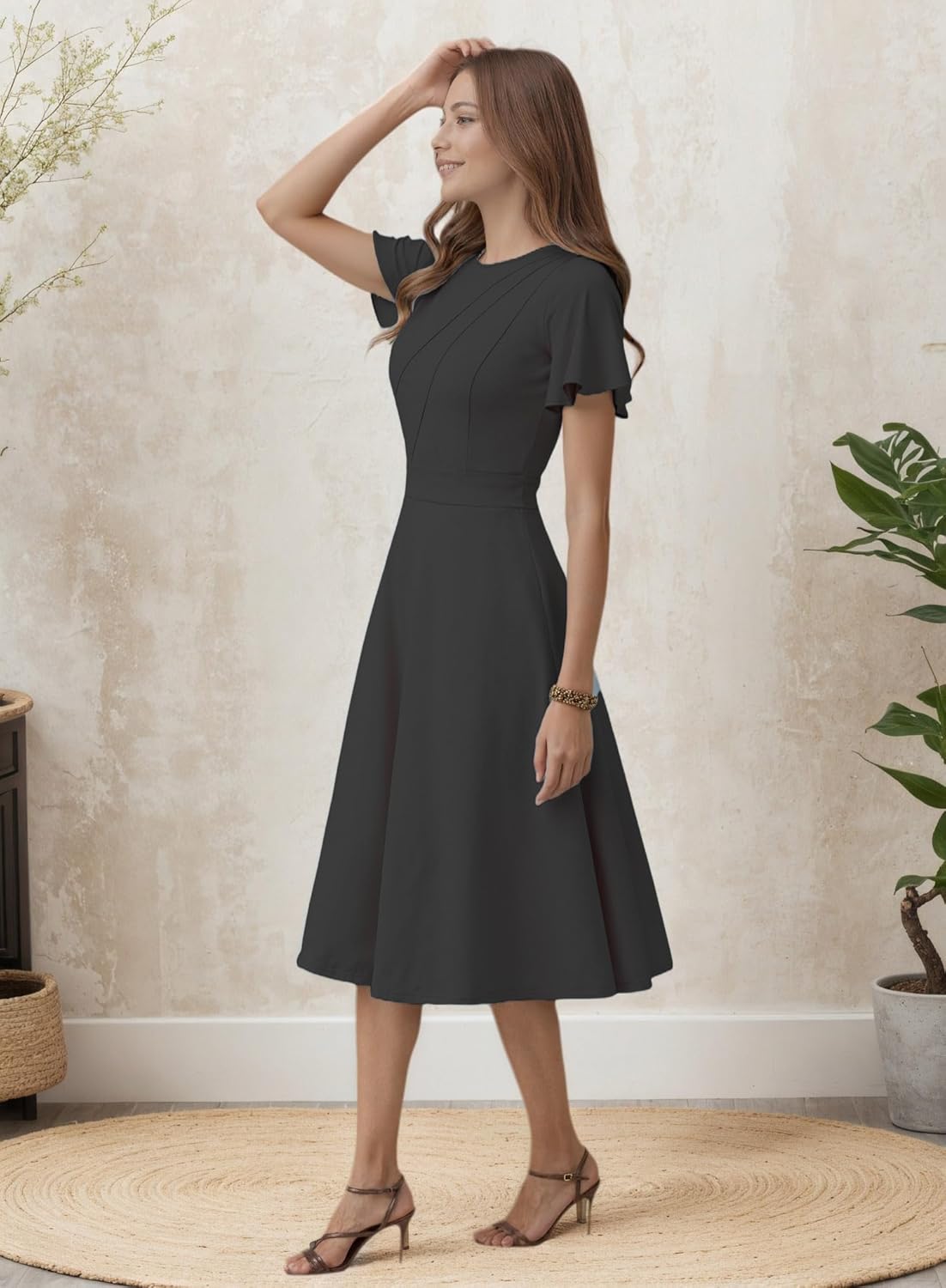 FENJAR Women's Elegance Fit and Flare Cocktail Dress - Casual Ruched A-Line Flowy Midi Dresses for Wedding Guest, Church.. - Image 5