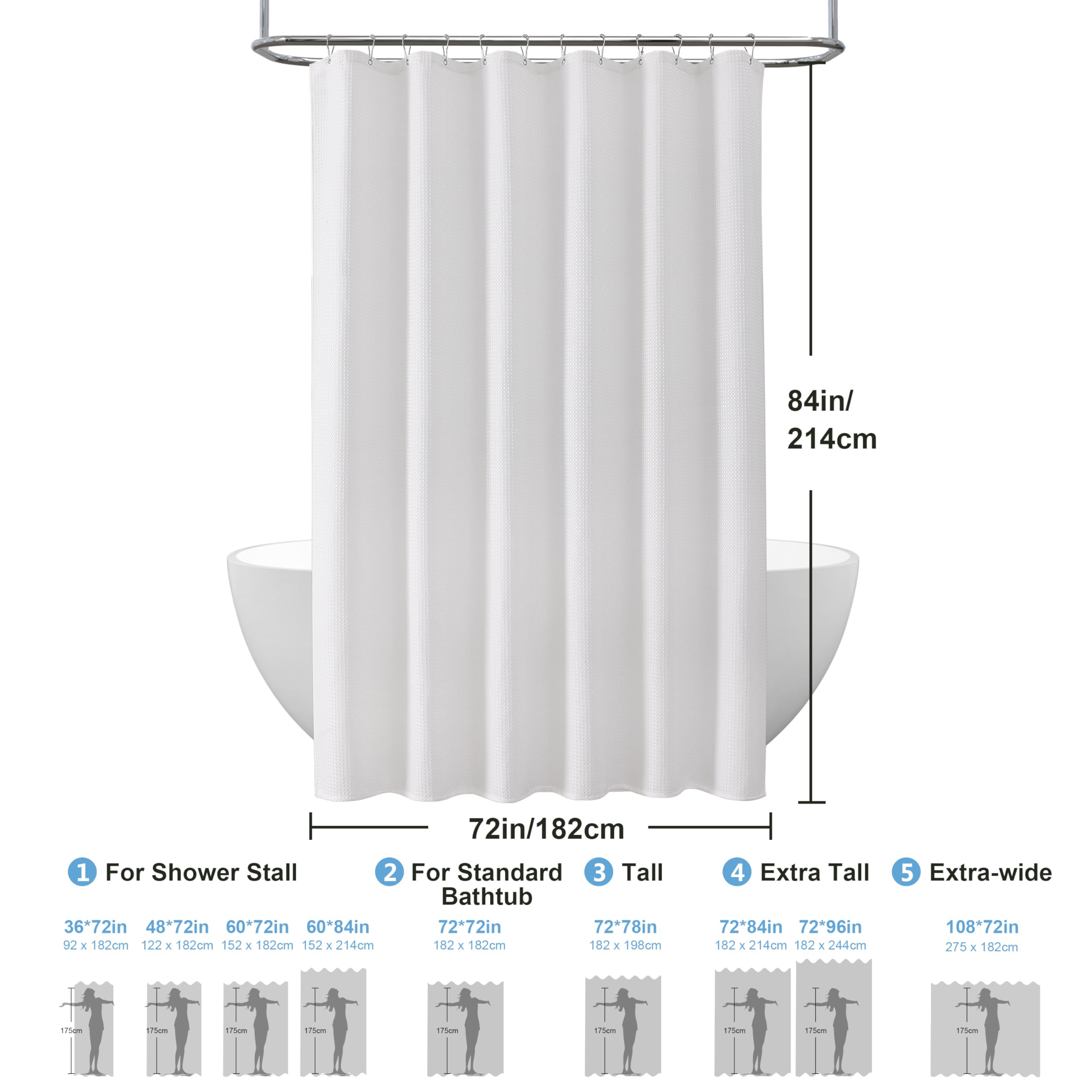 VANZAVANZU Rideau de Douche Motif Gaufre avec Anneaux en Métal Imperméable Anti-Moisissures Polyester Tissu Rideau Salle de Bain Lourd pour Baignoire Cabine de Douche - 182x214CM (Blanc)