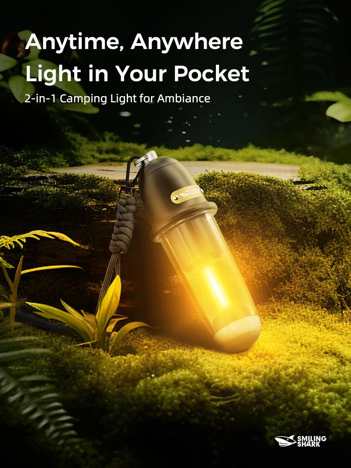 Smiling Shark Camping Ambient Lighting, XPE LED Small Tent Light with Lanyard Rechargable IPX4 Waterproof White & Warm Light Mode Wearable Portable Camping Lantern for Outdoor Hiking Emergency Picnic