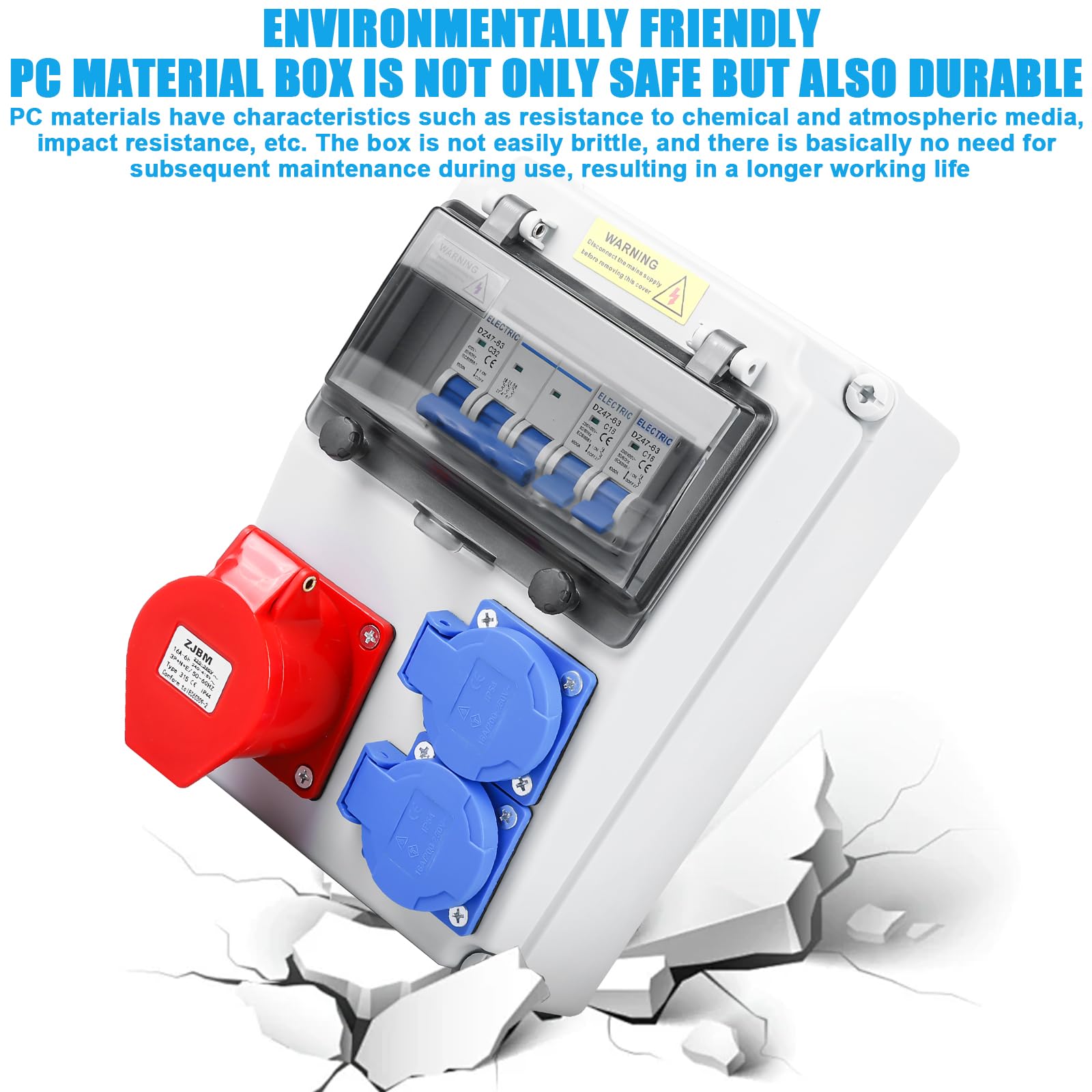 Caja de distribución, distribuidor de corriente para obra, distribuidor de pared, con interruptor automático, 2 tomas Schuko y CEE 16A, distribuidor de corriente impermeable, completamente