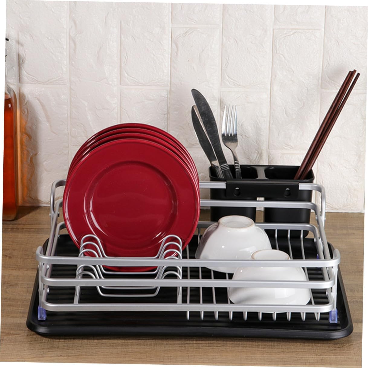 The Sink Dish Rack with Removable Cutlery Holder Silver Kitchen Dish Drainer Rack for Plates Bowls Utensils Storage