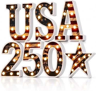 7 Pcs 8.5" USA 250th Anniversary Light Up Marquee Letters Sign, 17762026 American Flag Large LED Letters, Patriotic 4th of July Independence Day Decorations for Home Decor, Table Centerpiece & Party