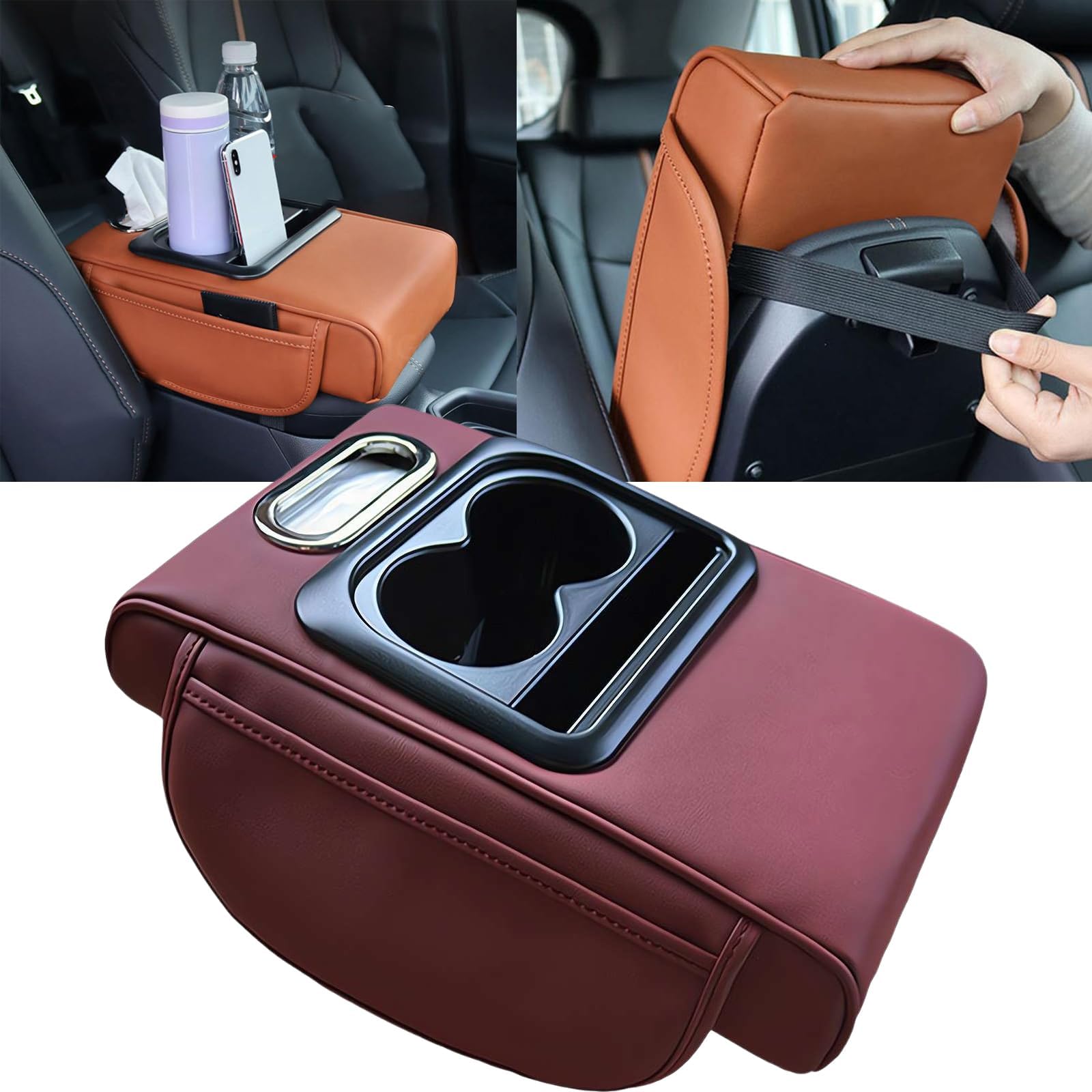 Car Armrest Cushion,5-in-1 Center Console Cover with 2 Storage Bags Cup Holder, Tissue Box Slot, Phone Slot for Car Sedans,Car Interior Accessories for Most Vehicle, SUV, Truck,Cars (Claret)