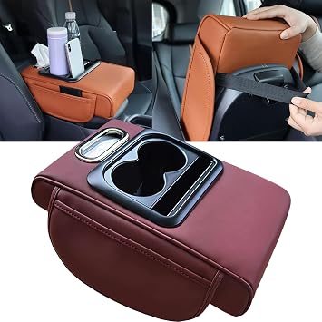 Car Armrest Cushion,5-in-1 Center Console Cover with 2 Storage Bags Cup Holder, Tissue Box Slot, Phone Slot for Car Sedans,Car Interior Accessories for Most Vehicle, SUV, Truck,Cars Claret