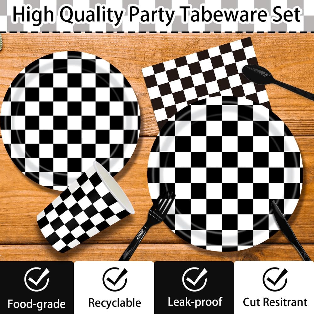 170 Pcs Race Car Birthday Party Decorations Black and White Checkered Plates and Napkins, Checkered Party Supplies Serves 24 - Image 3