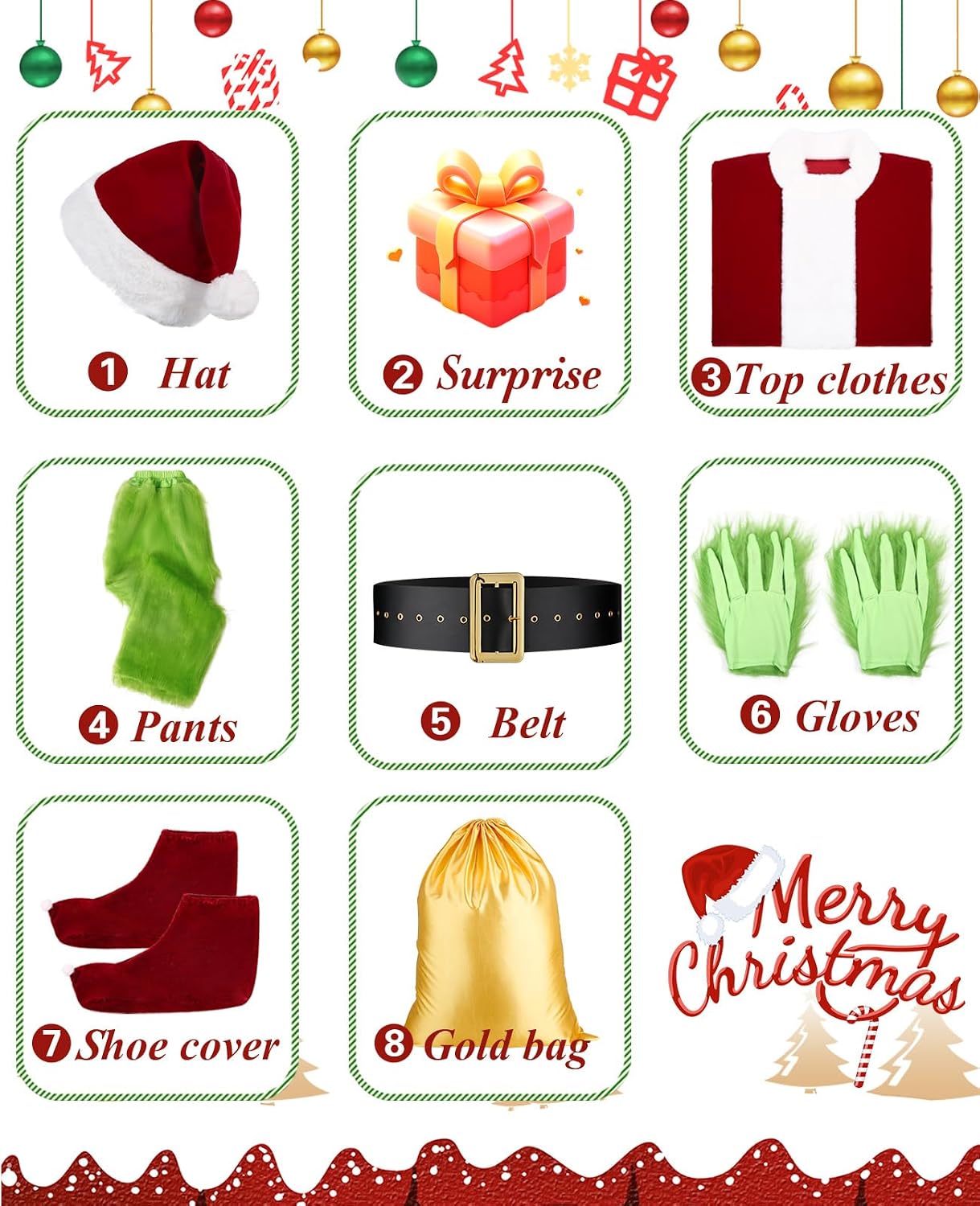 Green Christmas Costume for Men Halloween Costumes Adult Santa Costume 8PCS Deluxe Funny Cosplay Outfit