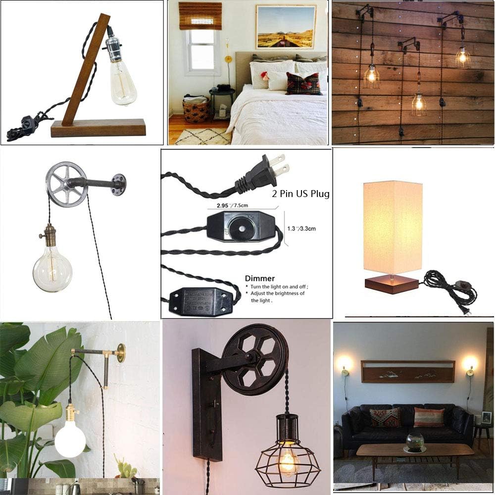 Twisted Cord Set - Black - 6 ft -Equipped w/a Standard USA Plug and Dimmer Switch for All Your DIY Lighting Needs!