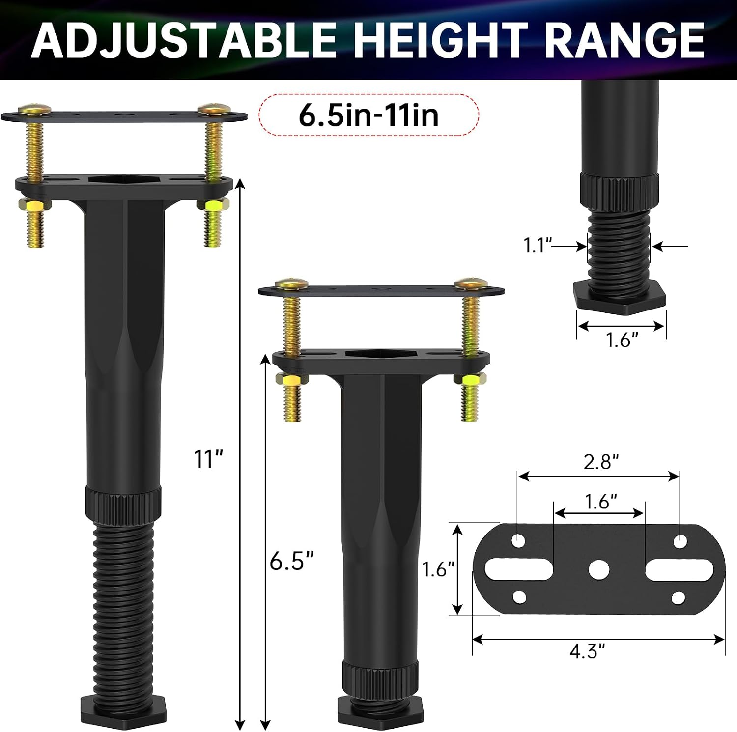 4 PCS Adjustable Height Center Support Leg for Bed Frame (6.5"-11"), Upgrade Under Bed Support Leg with Wider Base, Bed Center Slat/Furniture, Heavy Duty Bed Replacement Legs Bed Slats Support Legs