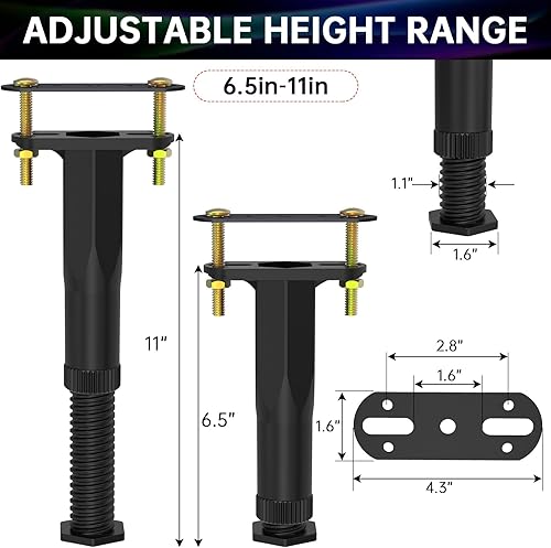 Miniatura 7 de 4 patas de soporte central de altura ajustable para marco de cama (6.5 a 11 pulgadas), patas de soporte mejoradas debajo de la cama con base más