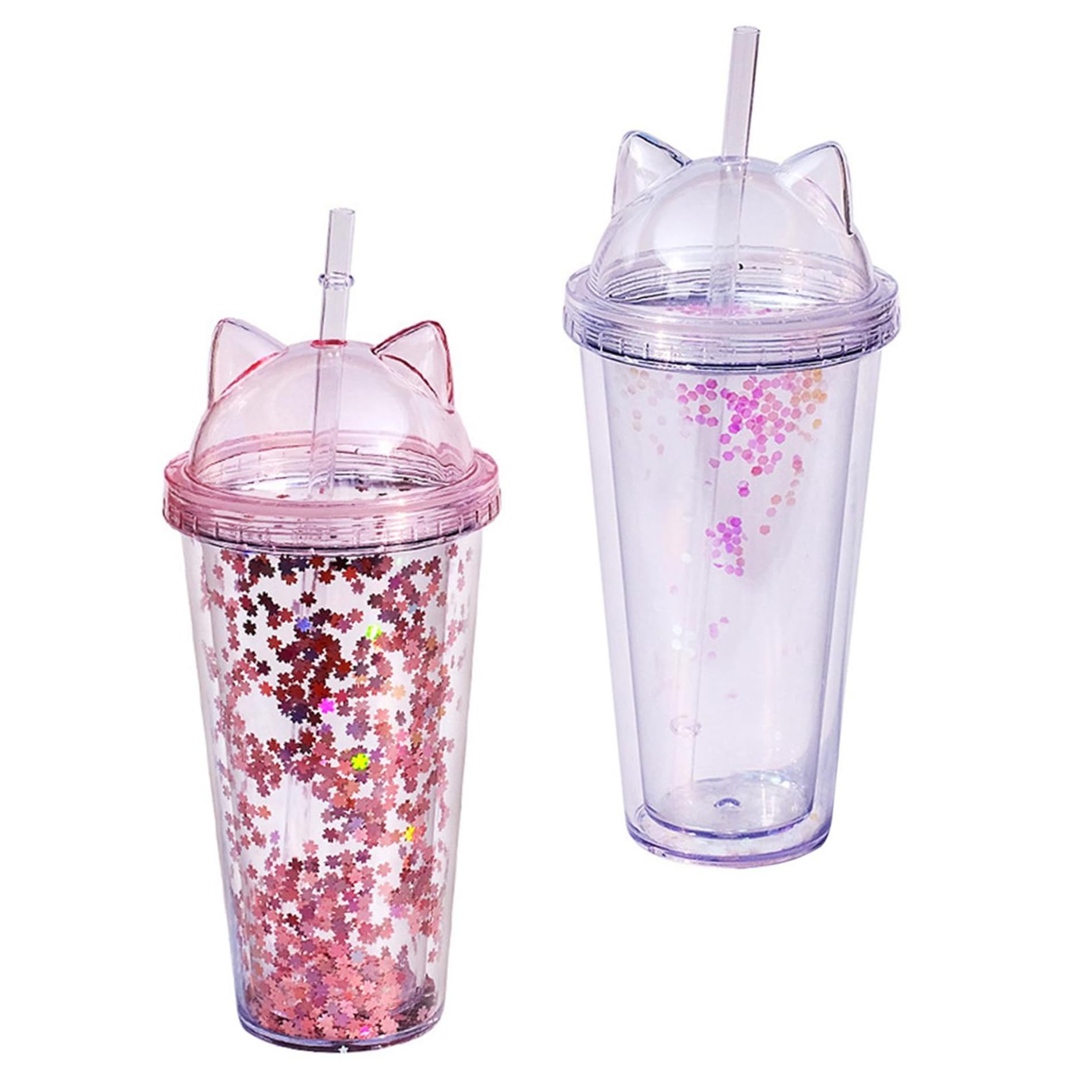 Water Bottle with Straw Glitter Water Cup Double Layer Cup Drinking with Cat Ear for Girl 2PCS 400-500ml Transparent