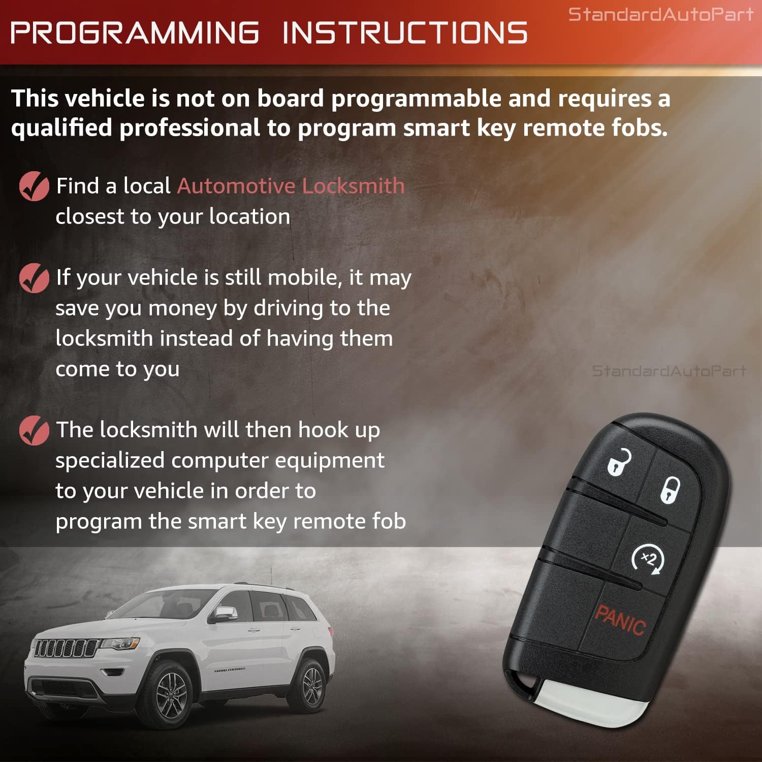 StandardAutoPart 4 Button Remote Start Compatible with Jeep Grand Cherokee 2014-2022 (M3N40821302, 68066350AB) Plastic SUV Key Fob