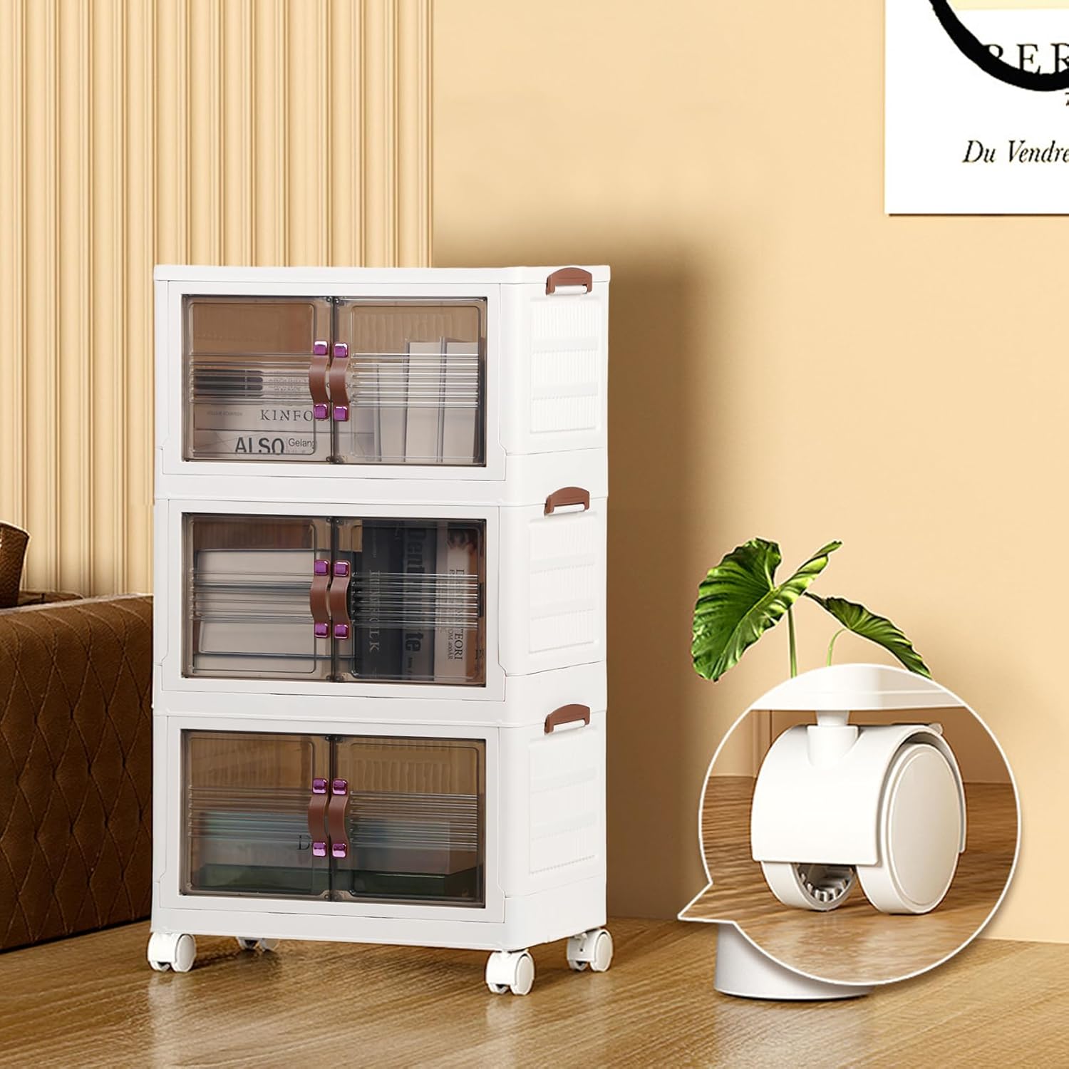 Storage Bin with Lid,3/4 Tier Collapsible Storage Box,Stackable Closet Organizers and Storage,Dual Open Collapsible Plastic Storage Container with Wheels,Folding Storage Box for Home (3 Tier)