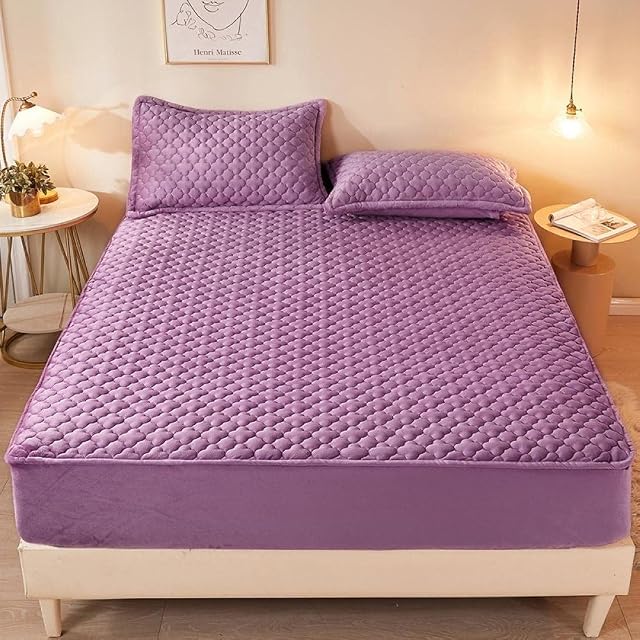 Fitted Sheet for Standard Mattress and Air Bed Mattress Queen Purple Crystal Velvet Bed Sheet Thick Quilted Warm