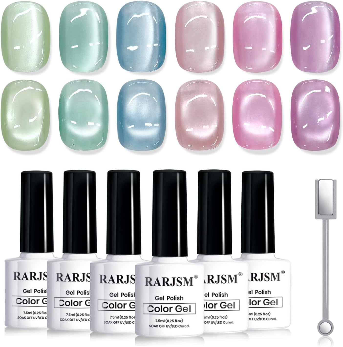RARJSM Sheer Pastel Glaze Glassy Ceramic Cat Eye Gel Nail Polish Set 6Pcs Light Green Mint Sky Blue Nude Rosy Pink Lavender Mauve Moonlight Shimmer Cateye Gelpolish with Magnetic Stick Curing Require