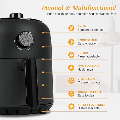 Miniatura 6 de Freidora de aire pequeña de 2.6 cuartos de galón, diseño único de perilla mecánica con ajustes precisos para comidas saludables y rápidas, ideal