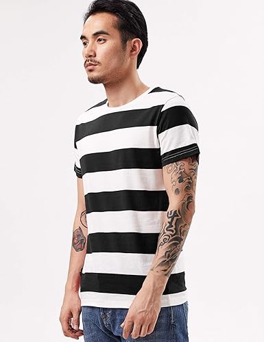 Miniatura 4 de Camiseta ancha a rayas para hombre, camiseta marinera, color rojo, blanco, negro, azul marino, rayas básicas, Azul marino, blanco