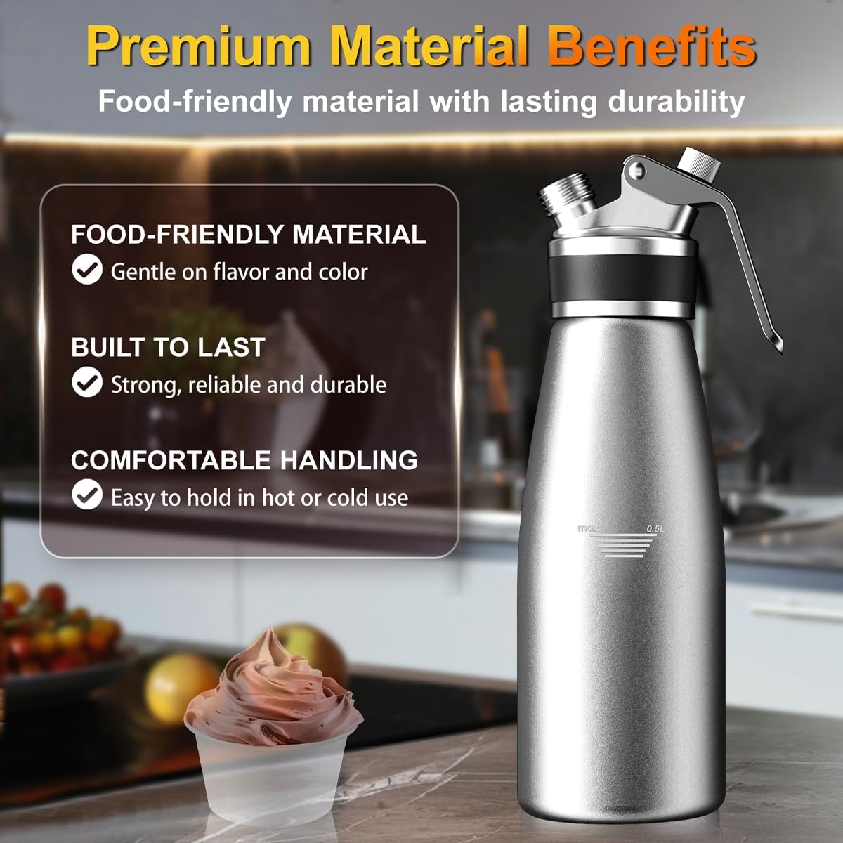 Whipped Cream Dispenser, 1 Pint / 500ml Aluminum Cream Whipper with Decorating Tips, Refillable Food Dispensing, For Home Kitchen Use