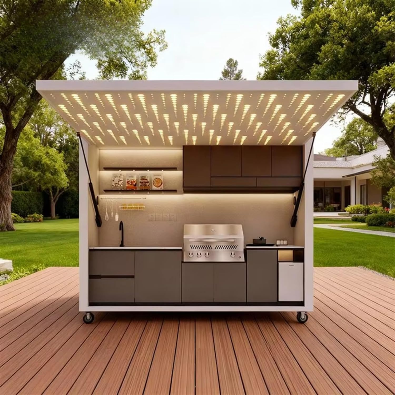 Outdoor Kitchens with Shed Mobile Weatherproof Stainless Steel Modular Outdoor Kitchen Pod for BBQ Patio Party Gathering