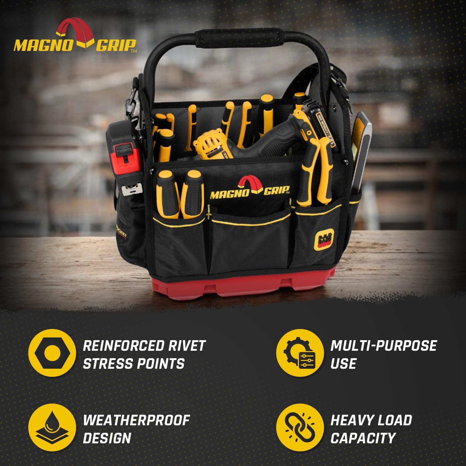 MagnoGrip RED Base 12" Tool Tote Bag - 16 Pockets & 8 Loops for Tool Storage, Heavy-Duty 1680D Ballistic Polyester, Waterproof Hard Bottom, Rotating Steel Handle, Adjustable Strap, Multi-Purpose Use