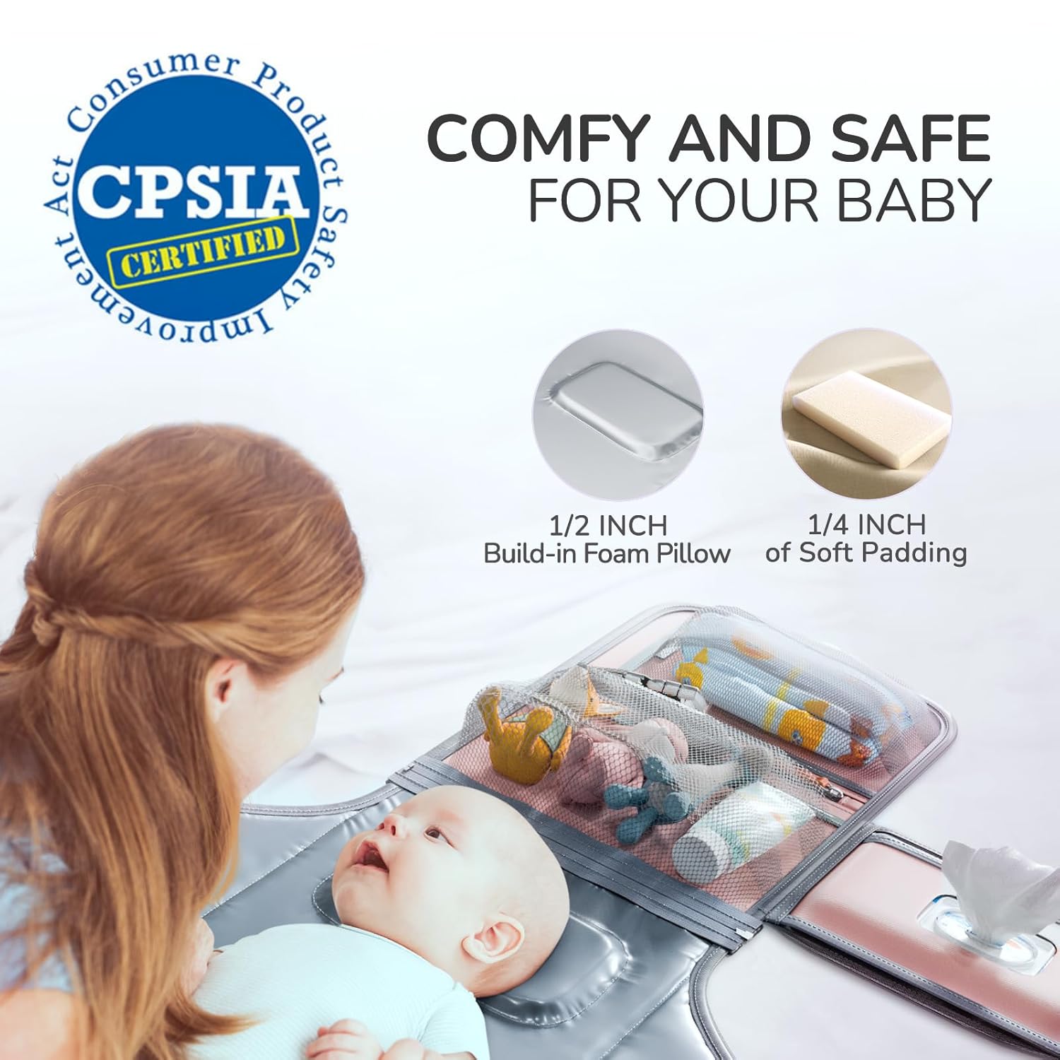 Portable Diaper Changing Pad for Baby, Detachable Travel Changing Pad with Baby Wipes Pocket, Gifts for Baby Shower, Newborn Girls and Boys (Light Pink)