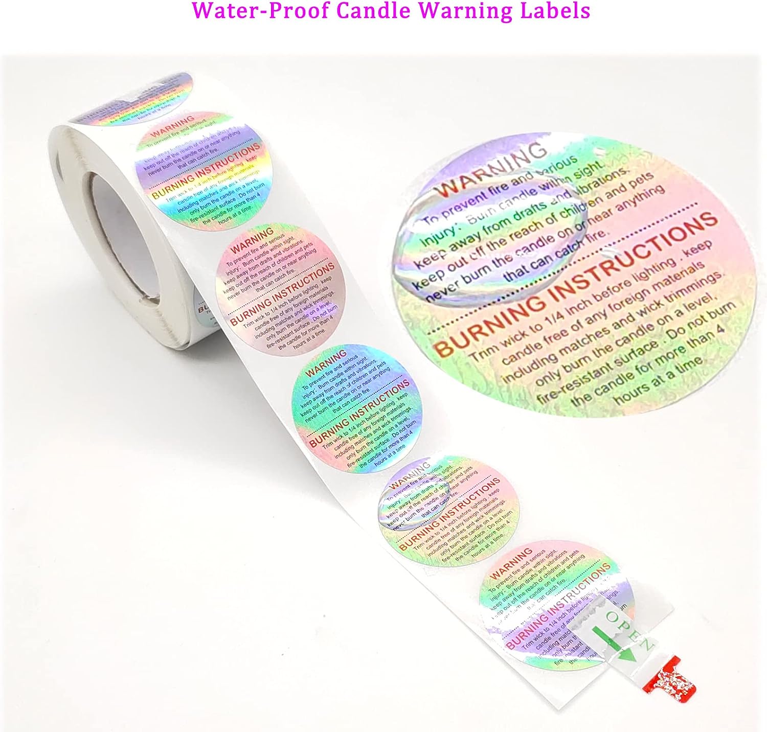 PMCDS2G Candle Warning Labels 1.5" Candle Jar Container Stickers 500 Pieces Per Roll Waterproof Candle Safety Labels Sticker Decal for Candle Jars,Tins and Votives (Holographic)