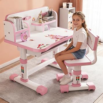 Kids Desk and Chair Set 3-12 Year Old, Height Adjustable Children School Kids Study Table Chairs Set with Cartoon Pattern, Ergonomic Desk Chair with Large Writing Board, Bookshelf Pink
