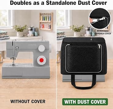 2-in-1 Sewing Machine Carrying Case with Removable Top Cover | Hard Base, 12 Mesh Pockets & Removable Dust Cover for Classes and Home Storage, Fits Most Standard Machines, Black, Bag Only